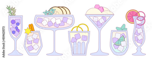Cocktails set. Soft drinks with ice cubes, citrus, coconut, cinnamon. Milkshake. Purple summer cocktail. Alcohol drink for bar. Non-alcoholic beverage. Flat vector illustration with outline, gradient