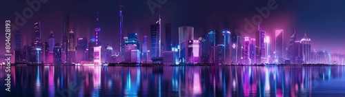 Night panorama of the large metropoliscity of cyber wave in futuristic cyberpunk style, neon city at night.