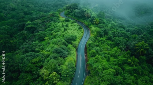 Aerial photo top view beautiful curve road on lush green forest.
