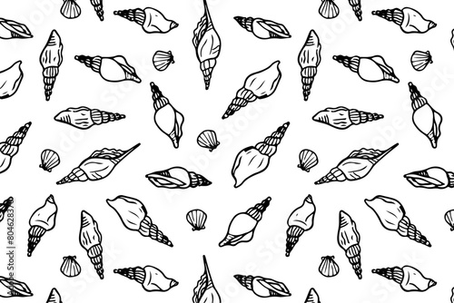 Spiral seashells hand drawn seamless pattern. Shells wallpaper on white background. Ideal for design elements in nautical themes, marine and beach decor. © Diana