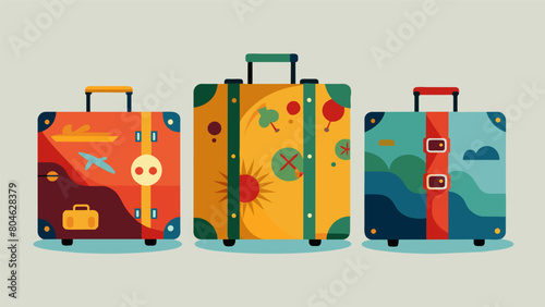 A trio of vintage suitcases painted with murals and repurposed as functional art pieces act as an unconventional wayfinding system throughout the. Vector illustration