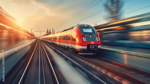 Capturing the elegance and power of modern rail travel with a speeding high-speed train."