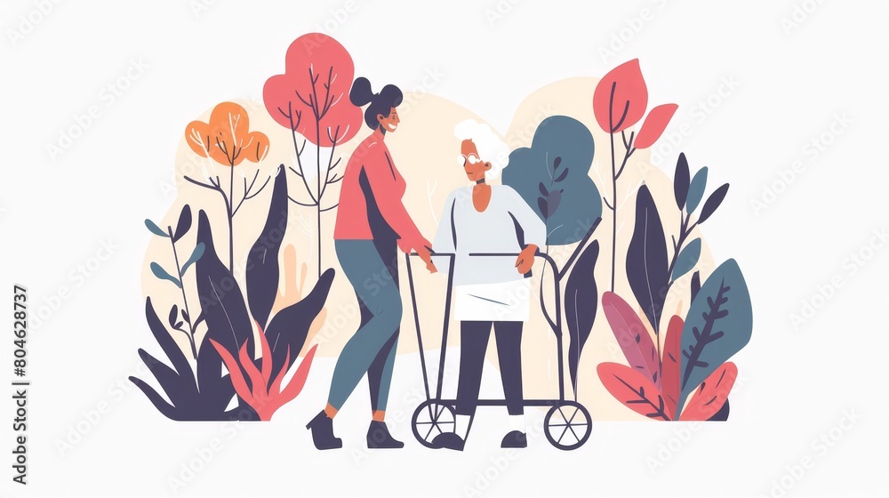 Illustration of a young woman guiding an elderly woman through a vibrant, tropical jungle, depicting adventure and care. Illustration of a young woman guiding an elderly woman through a vibrant, tropical jungle, depicting adventure and care.