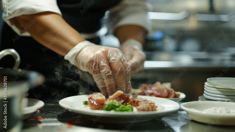 Chef's hands skillfully seasoning layers of pork belly, the aroma filling the kitchen with temptation. Chef's hands skillfully seasoning layers of pork belly, the aroma filling the kitchen with temptation.