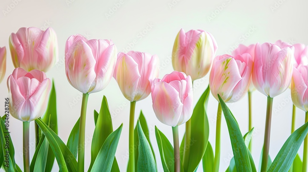 Fototapeta premium A lovely arrangement of soft pink tulips set against a pristine white backdrop Perfect for celebrating Easter birthdays Valentine s Day or weddings a versatile and festive choice for any oc