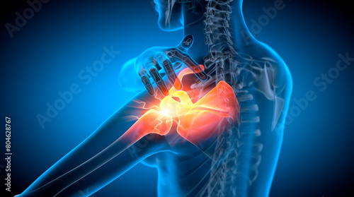 Woman with painful shoulder joint with blue background - x-ray 3d illustration