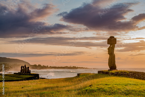 moais in Tahai at sunset, Rapa Nui, Easter Island
