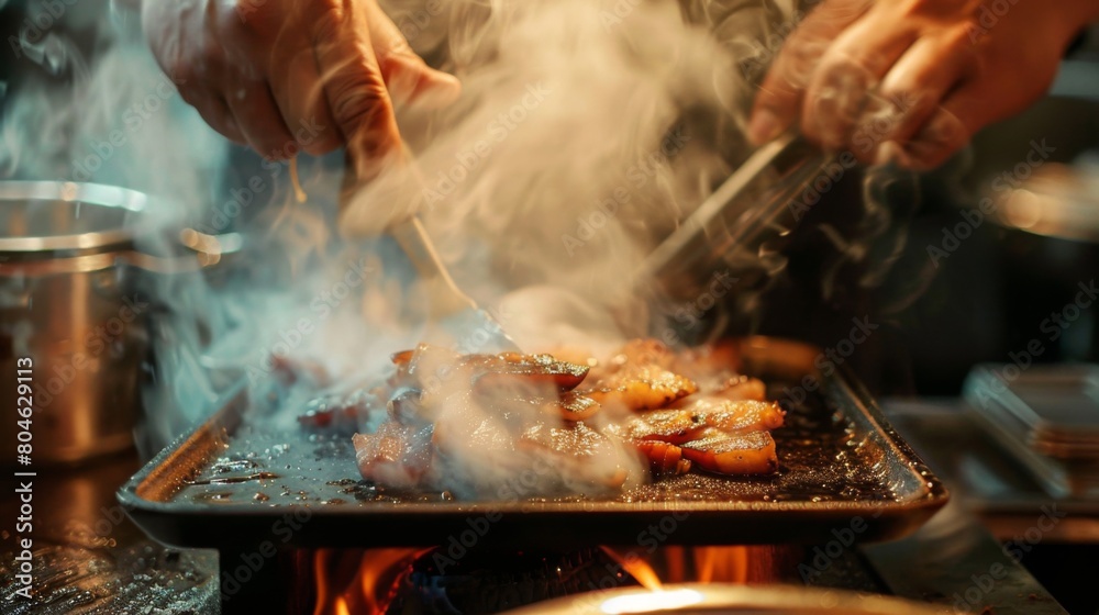 Chef's hands skillfully seasoning layers of pork belly, the aroma filling the kitchen with temptation. Chef's hands skillfully seasoning layers of pork belly, the aroma filling the kitchen with temptation.