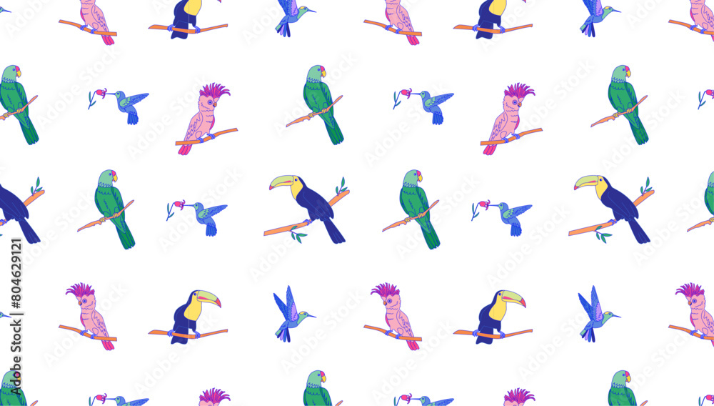 Tropical seamless pattern with flamingos, parrots, toucans on white background. Design for textile, wallpaper, print. 