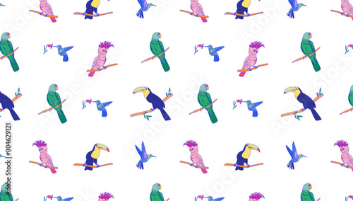 Tropical seamless pattern with flamingos  parrots  toucans on white background. Design for textile  wallpaper  print. 