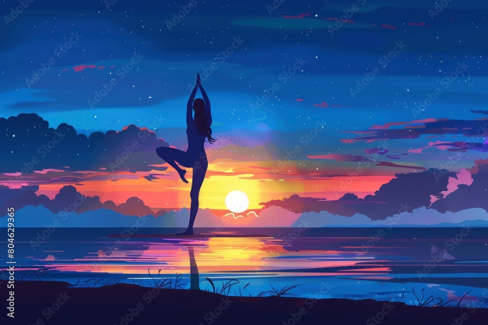 International yoga day banner poster, Silhouette of healthy and beautiful woman doing asana poses with sunrise on twilight blue vibrant sky and calm sea - generative ai