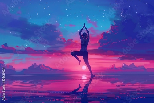 International yoga day banner poster, Silhouette of healthy and beautiful woman doing asana poses with sunrise on twilight blue vibrant sky and calm sea - generative ai