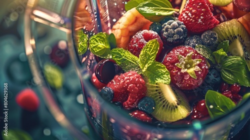 Close-up of a blender whirling with a medley of ripe fruits, the essence of freshness in motion.
