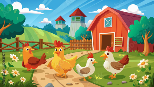 four-chickens-wandering-around-a-barn-illustration © VarotChondra