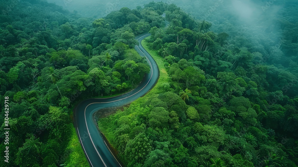 Aerial photo top view beautiful curve road on lush green forest. Aerial photo top view beautiful curve road on lush green forest.