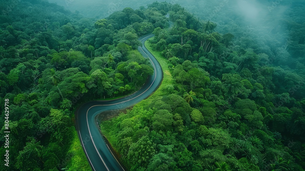 Aerial photo top view beautiful curve road on lush green forest.