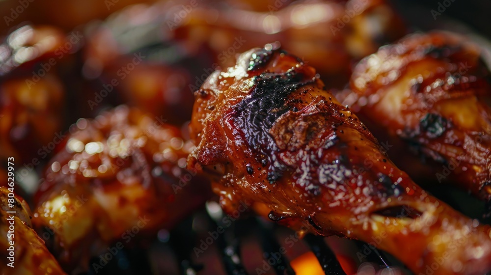 Close-up of crispy chicken skin on grilled drumsticks, a tantalizing texture sensation. Close-up of crispy chicken skin on grilled drumsticks, a tantalizing texture sensation.