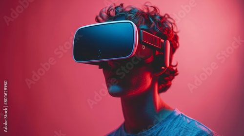 A boy in a VR headset and futuristic clothes with glowing gloves is exploring cyberspace on a pink background. © anwel