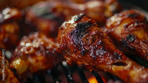 Close-up of crispy chicken skin on grilled drumsticks, a tantalizing texture sensation."