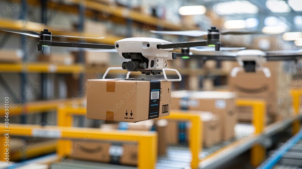Drone transporting a parcel in a state-of-the-art logistics facility