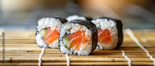 Wallpaper Mural A close up of a sushi roll with salmon, cucumber, and rice on a bamboo mat. Torontodigital.ca