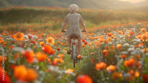Rear view of a beautiful woman riding a classic bicycle in a summer dress with a feeling of pleasure. Bright colors. photo