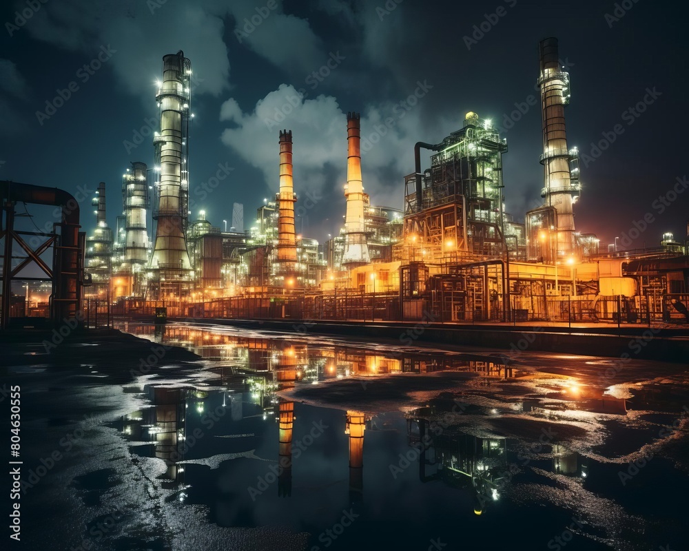 A large oil refinery at night, with the lights reflecting off the water. The refinery is in the distance, with a large fence in the foreground. The sky is dark and cloudy.