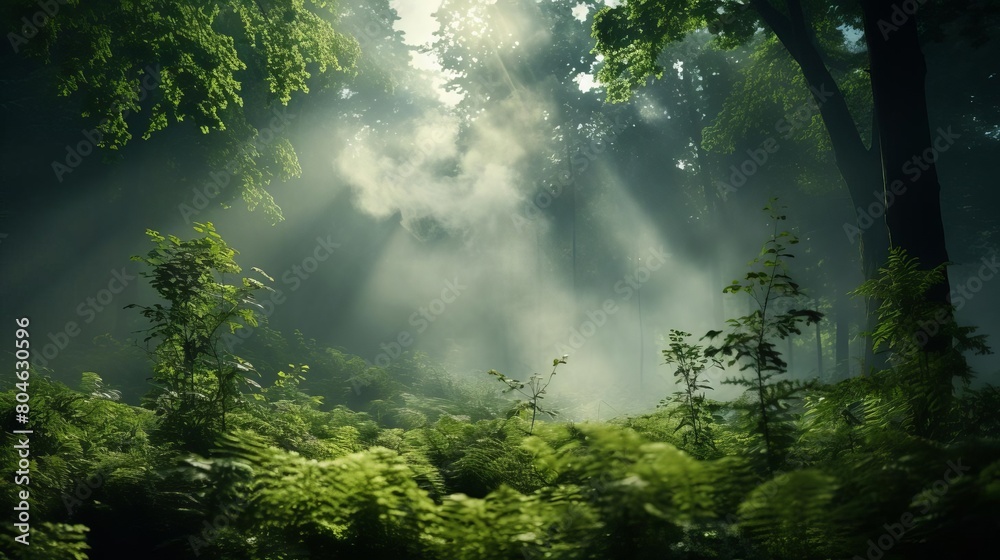 A lush green forest with sunlight streaming through the trees. A lush green forest with sunlight streaming through the trees.