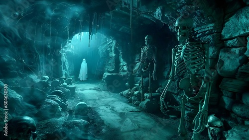 Eerie Dungeon Setting with Skeletons  Ghosts  and Gothic Atmosphere Eliciting Fear and Mysticism. Concept Eerie Dungeon  Skeletons  Ghosts  Gothic Atmosphere  Fear  Mysticism
