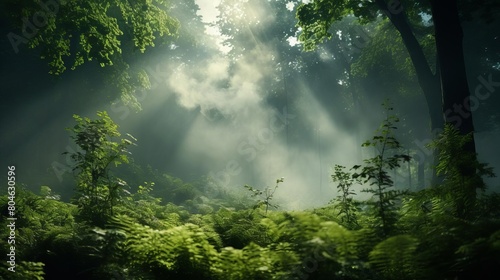 A lush green forest with sunlight streaming through the trees.
