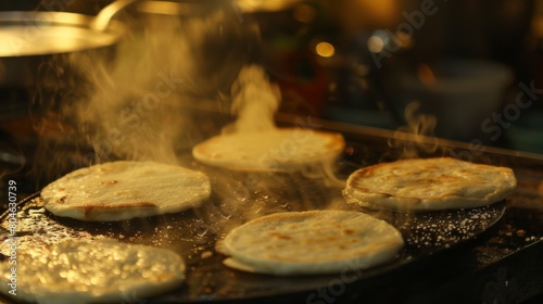 Close-up of delicate Thai coconut pancakes, or 'Khanom Krok,' sizzling on a hot griddle."