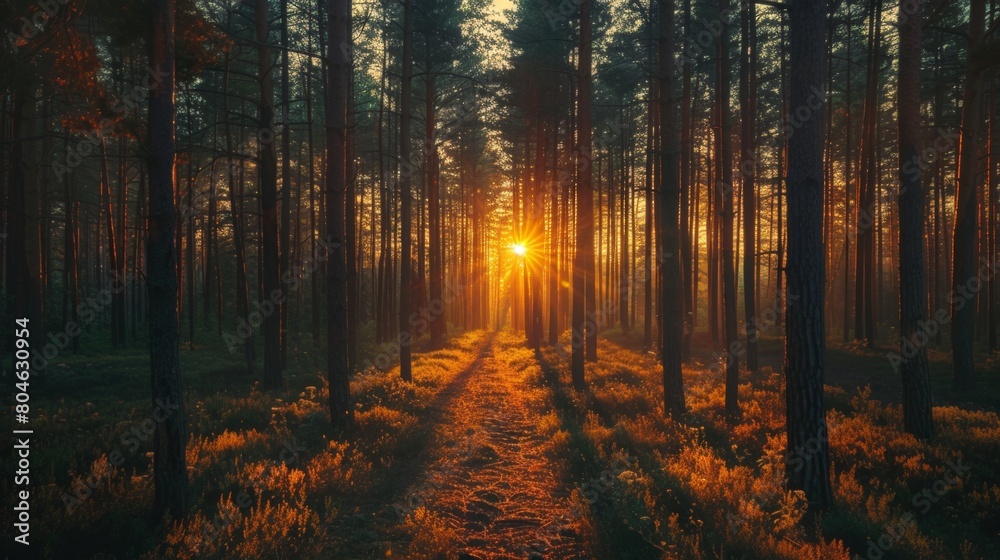 Captivating sunset filters through the tall pine trees of a serene forest