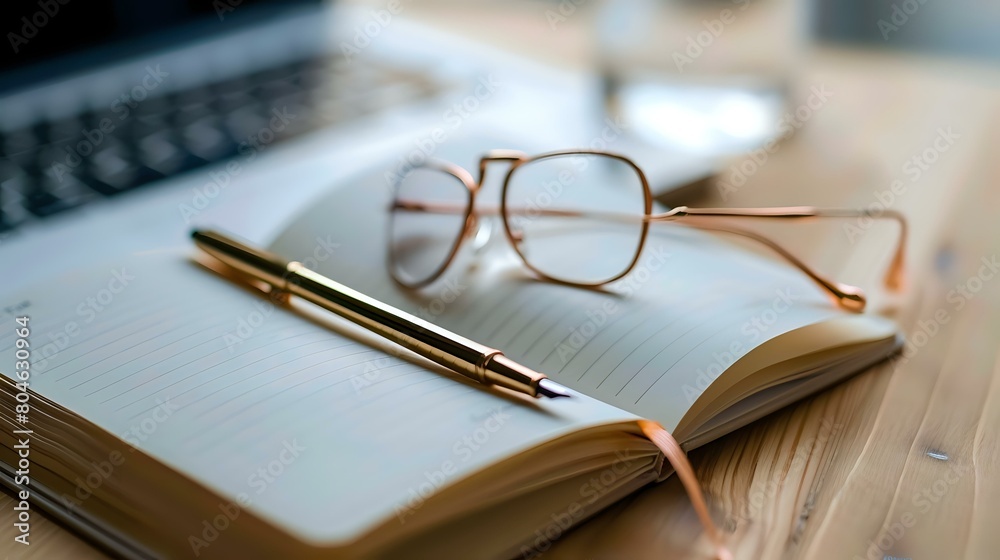 Productivity in Simplicity - Classic Notebook and Pen with Eyeglasses on Wooden Desk Productivity in Simplicity - Classic Notebook and Pen with Eyeglasses on Wooden Desk
