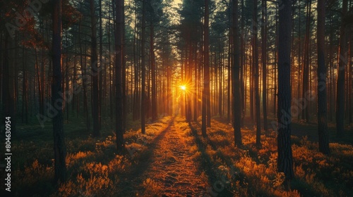 Captivating sunset filters through the tall pine trees of a serene forest