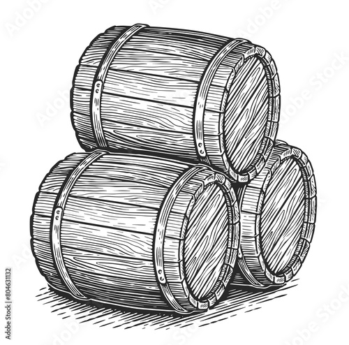 Three old wooden casks, hand drawn in sketch style. Oak barrels illustration