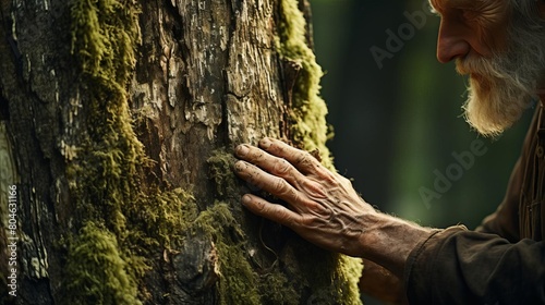 A wise old man touches the bark of an ancient tree, feeling the connection to nature and the wisdom of the ages.