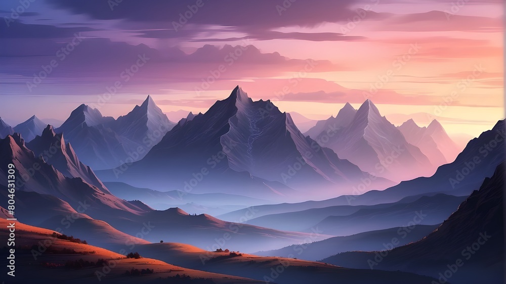 An artistic interpretation of mountains at dusk, blending realism with artistic flair. The artwork portrays the rugged silhouette of mountains against a colorful dusk sky, with a dreamlike quality tha