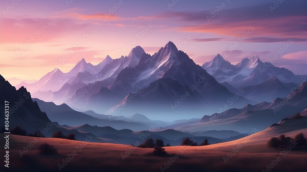 An artistic interpretation of mountains at dusk, blending realism with artistic flair. The artwork portrays the rugged silhouette of mountains against a colorful dusk sky, with a dreamlike quality tha
