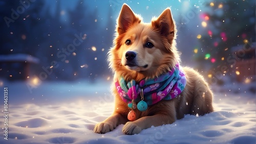 A digital illustration depicting a canine in the snow with a colorful and imaginative twist. The illustration showcases a stylized dog surrounded by whimsical snowflakes and a magical winter setting,  photo