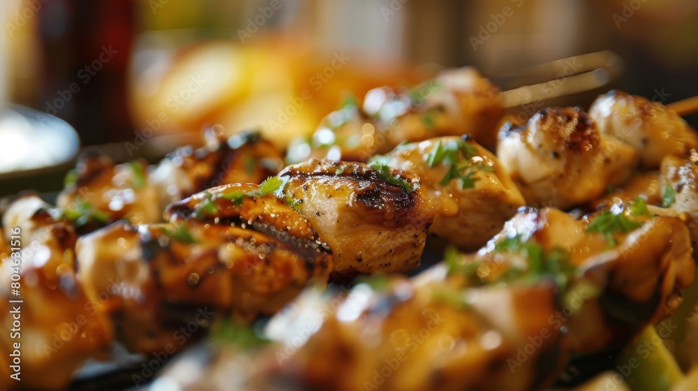 Close-up of juicy grilled chicken skewers, fresh off the barbecue and ready to be savored. Close-up of juicy grilled chicken skewers, fresh off the barbecue and ready to be savored.