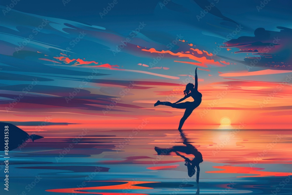 International yoga day banner poster, Silhouette of healthy and beautiful woman doing asana poses with sunrise on twilight blue vibrant sky and calm sea - generative ai