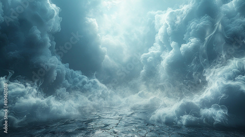Pale blue smoke abstract background flows gently over a dark grey floor.