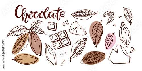 Chocolate. Hand drawn sketch vector Cocoa beans, leaves, raw chocolate chunks, wedges of dessert chocolate, Chocolate text. Organic product Doodle sketch for cafe, shop, menu, logo, emblem, symbol