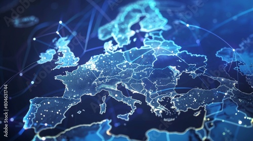 Communication technology with global internet network connected in Europe. Telecommunication and data transfer european connection links. IoT  finance  business  blockchain  security.