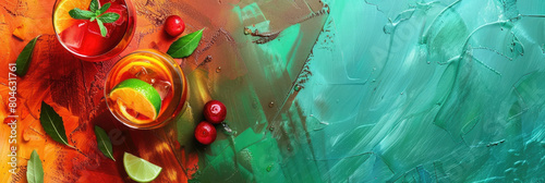 horizontal banner, celebration of Portugal day, glasses of citrus cocktail, fruit alcoholic cocktail with ice, lam, cherry and mint, top view, oil paint background, copy space for text