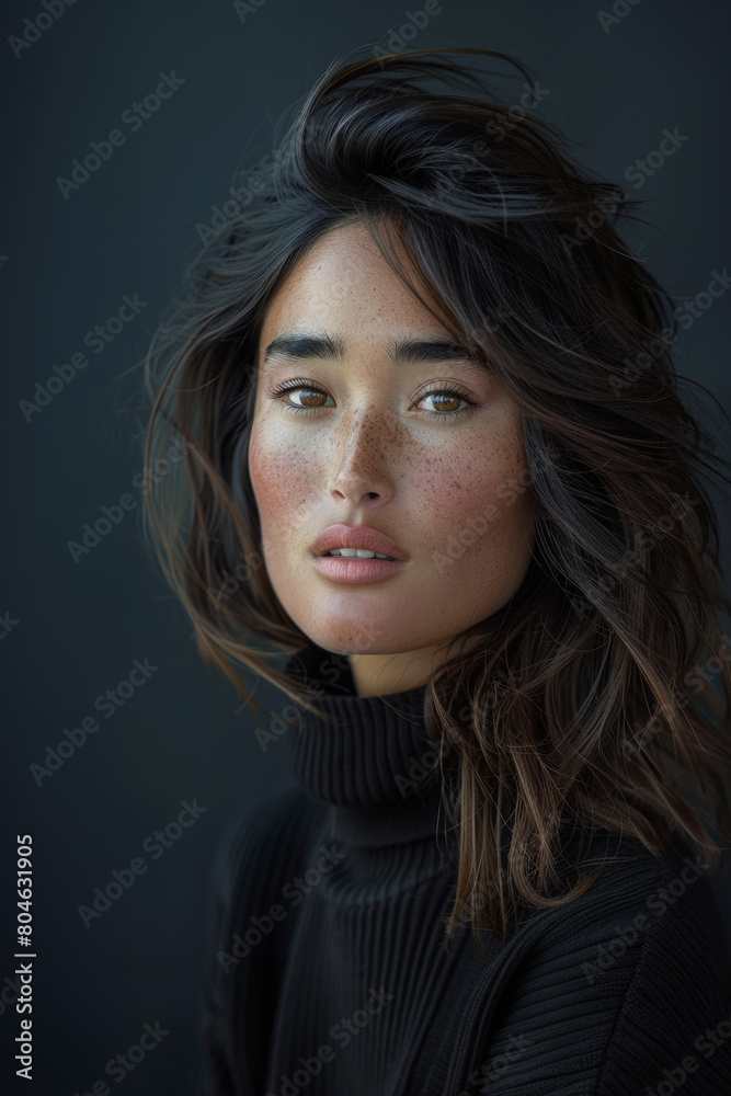 Portrait studio d'une jeune modèle asiatique de 25 ans aux cheveux longs et yeux marrons Portrait studio d'une jeune modèle asiatique de 25 ans aux cheveux longs et yeux marrons