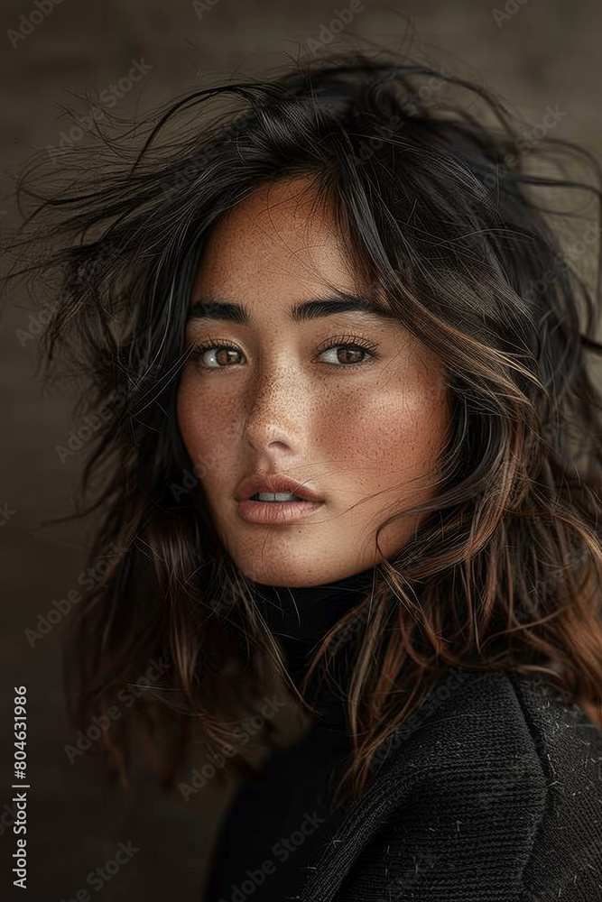 Portrait studio d'une jeune modèle asiatique de 25 ans aux cheveux longs et yeux marrons Portrait studio d'une jeune modèle asiatique de 25 ans aux cheveux longs et yeux marrons