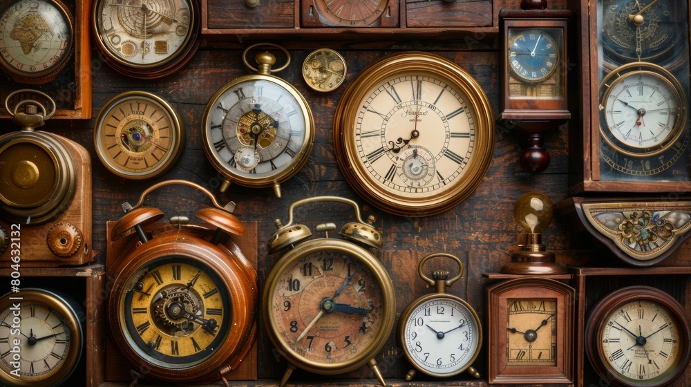 Collection of antique clocks symbolizing the concept of time and time management Collection of antique clocks symbolizing the concept of time and time management
