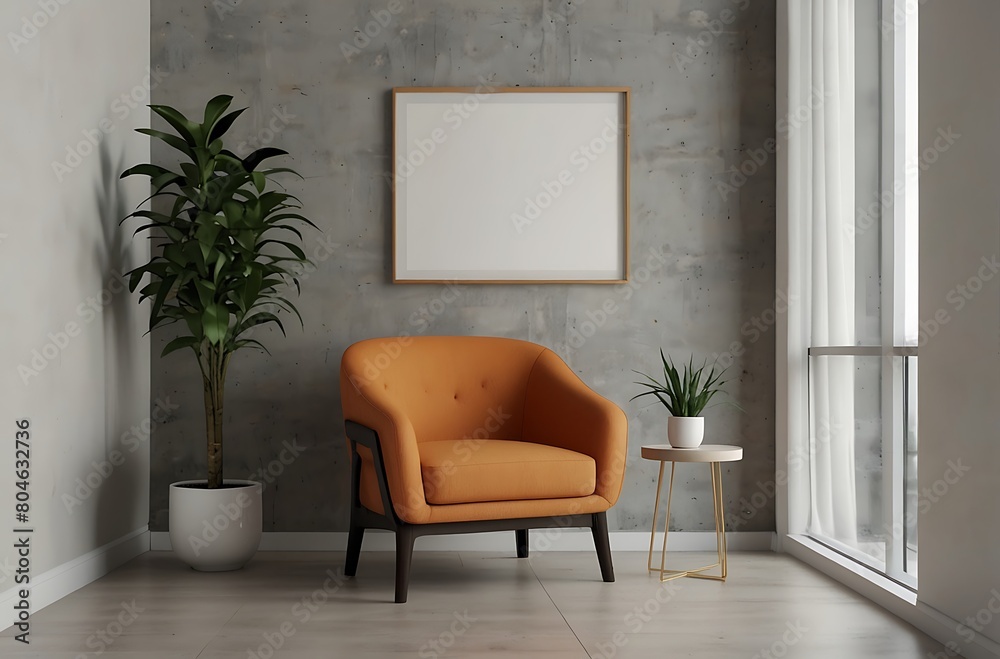 mockup of empty frame to place your image, modern and well decorated waiting room or entrance, with orange armchair and plant mockup of empty frame to place your image, modern and well decorated waiting room or entrance, with orange armchair and plant