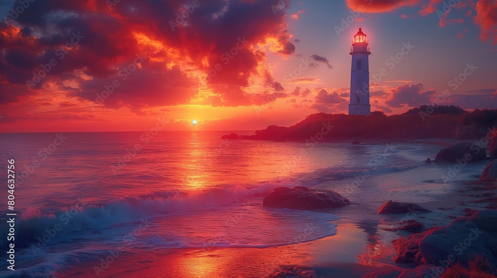 Lighthouse at Vibrant Sunset with Reflective Waters Lighthouse at Vibrant Sunset with Reflective Waters